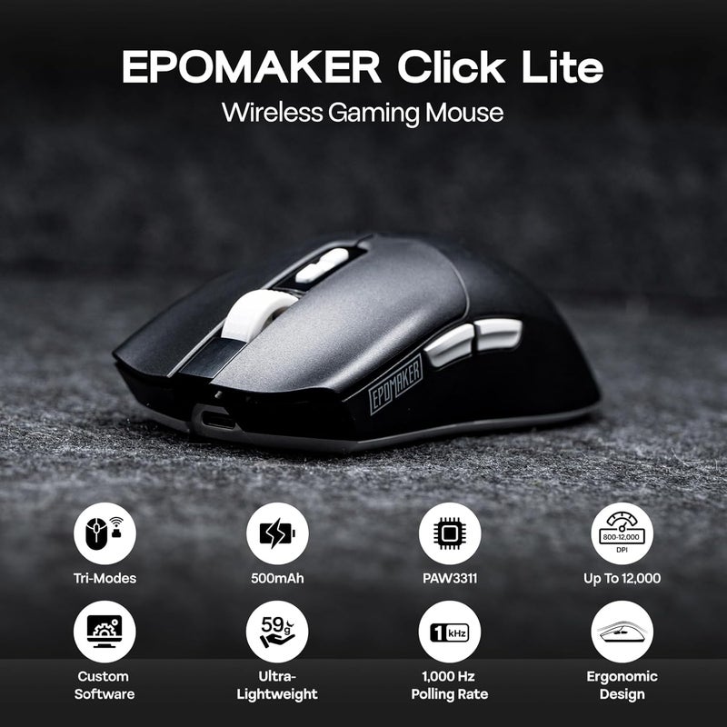 EPOMAKER Click Lite Wireless Gaming Mouse, 800 to 12,000 DPI Adjustable, PAW3311 Sensor, 500mAh, 59g, 2.4G/BT/USB-C Rechargeable Wireless Mouse with 5 Programmable Buttons for PC/Mac/Linux (Black) - Image 2